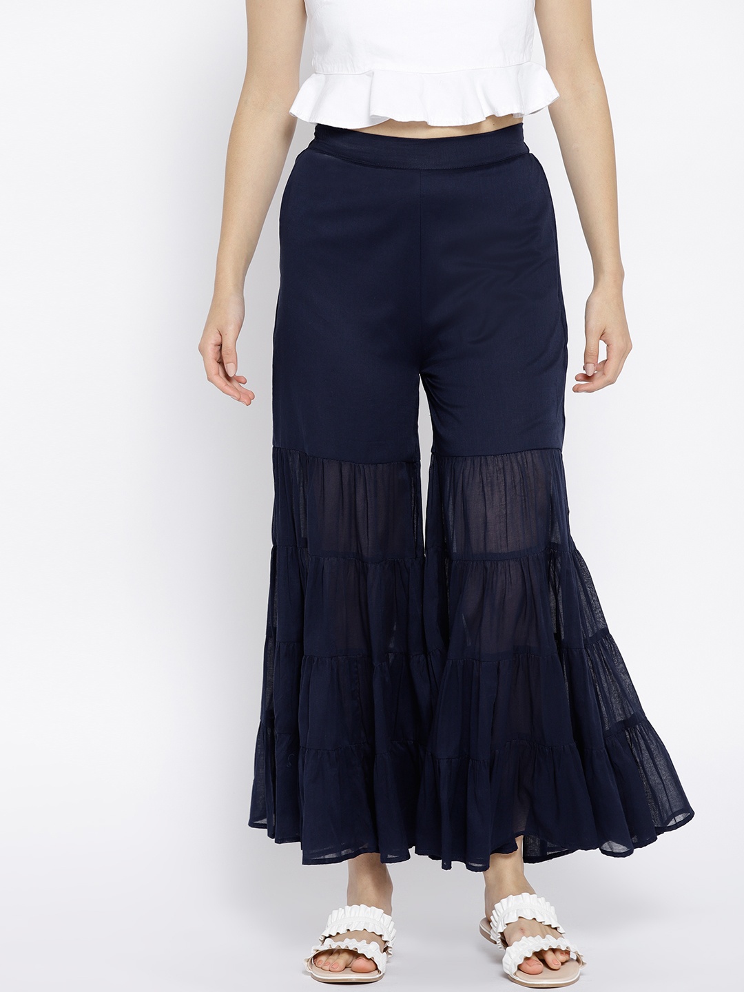 

AURELIA Women Navy Blue Semi-Sheer Solid Sharara