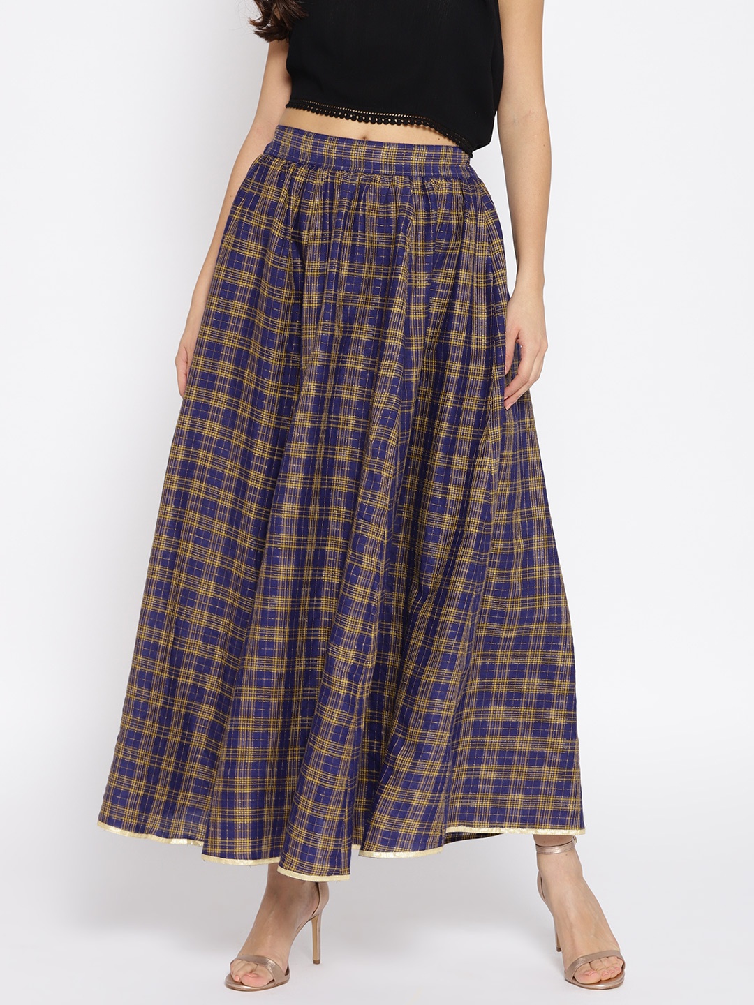 

AURELIA Women Navy Blue & Mustard Yellow Checked Maxi Flared Skirt