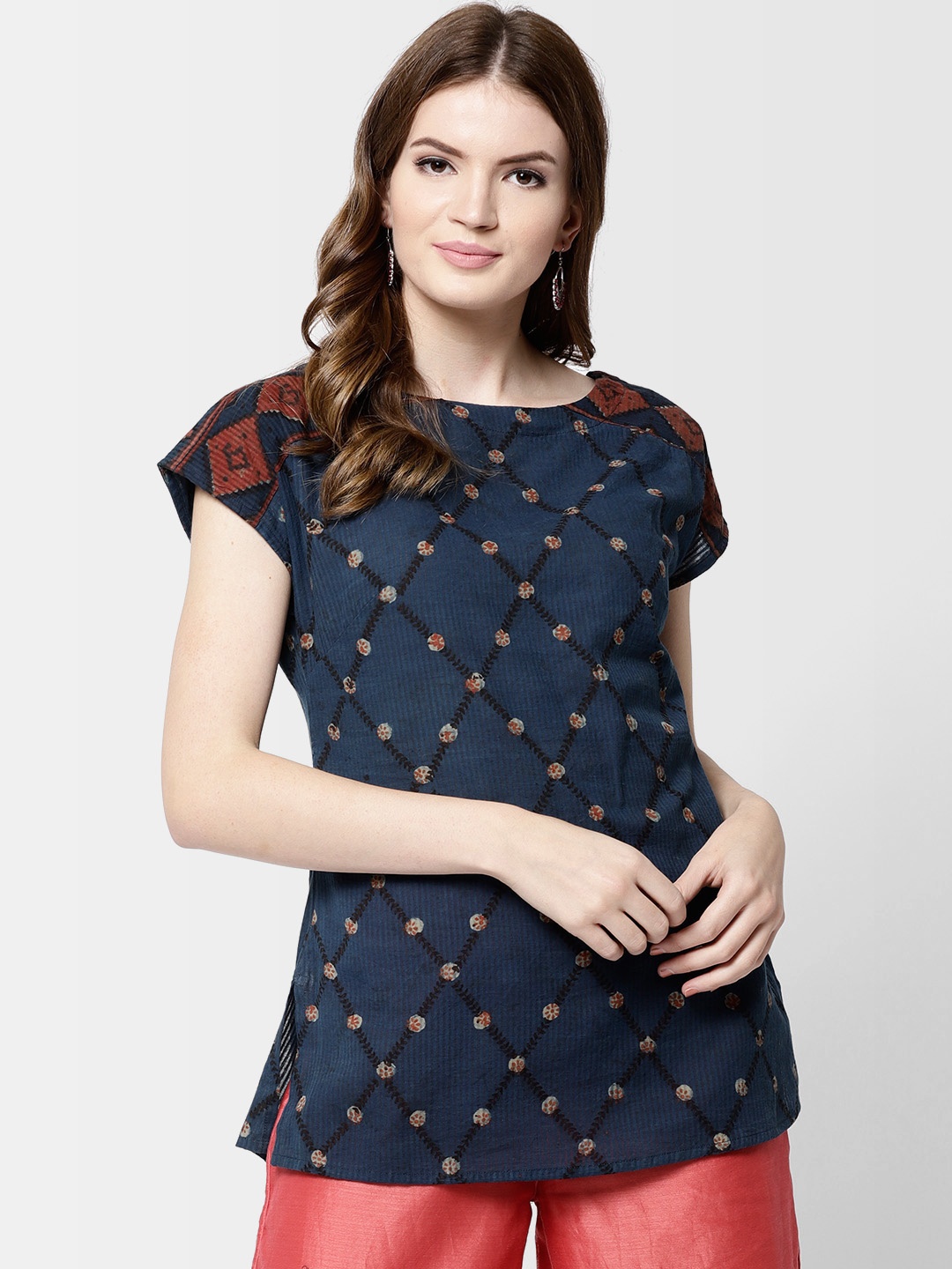 

Fabindia Women Navy Blue & Rust Orange Hand Block Print A-line Pure Cotton Kurti
