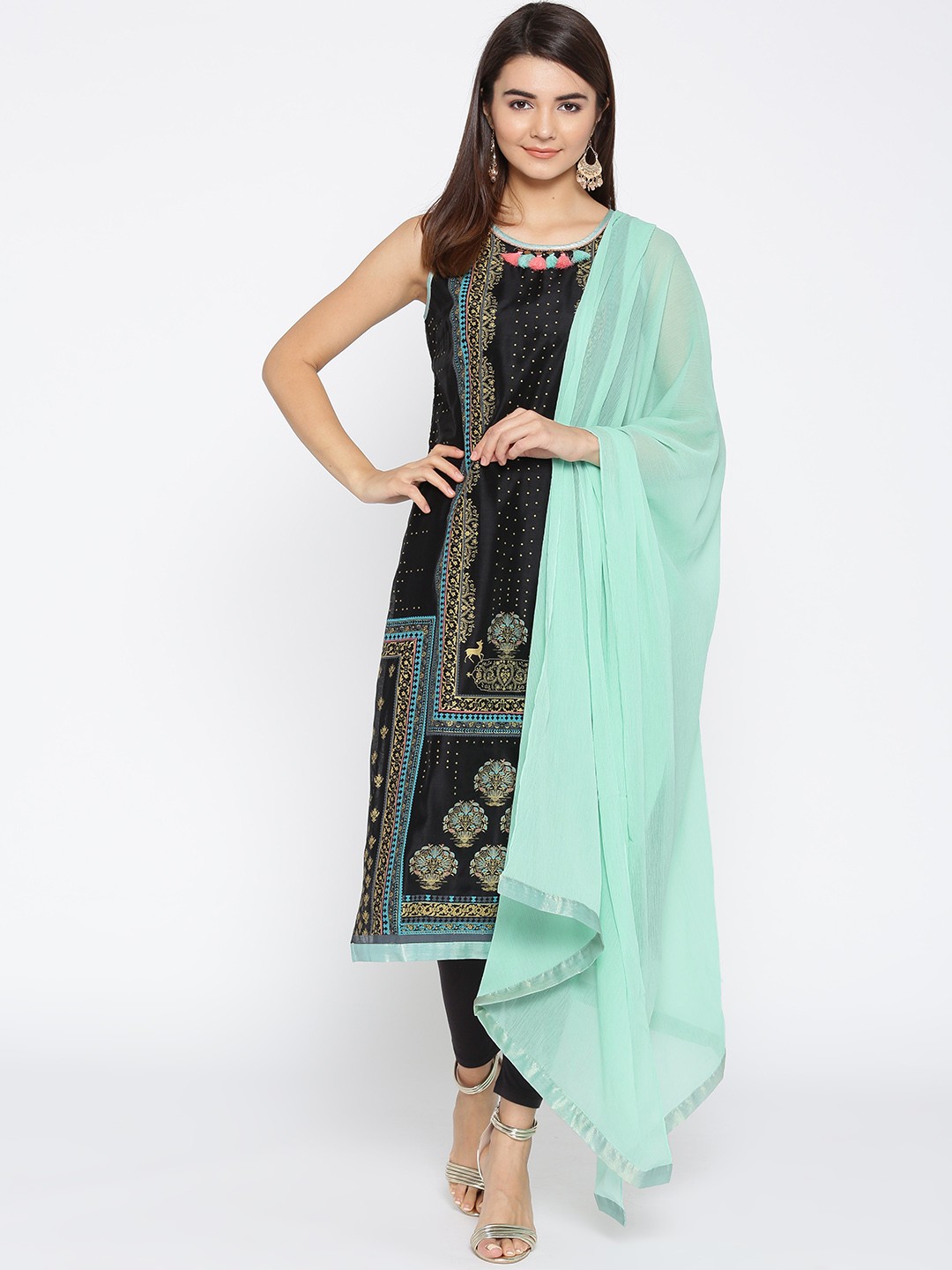 

AURELIA Women Black & Sea Green Printed Kurta with Churidar & Dupatta