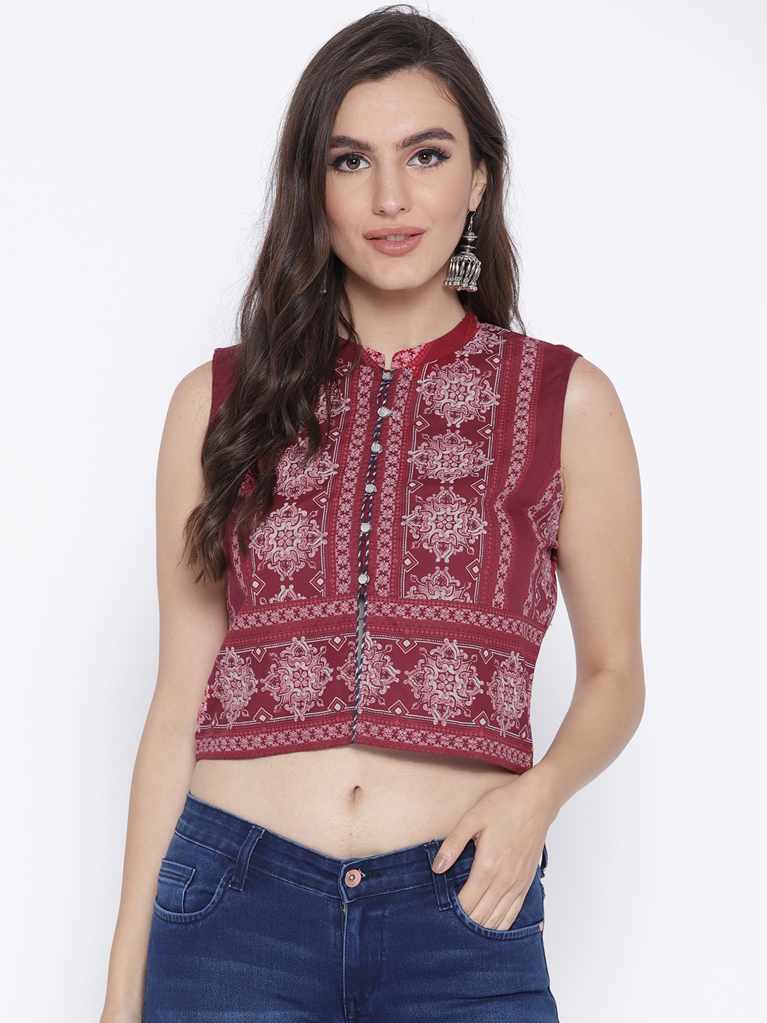 

AURELIA Women Maroon Printed Crop Pure Cotton Top