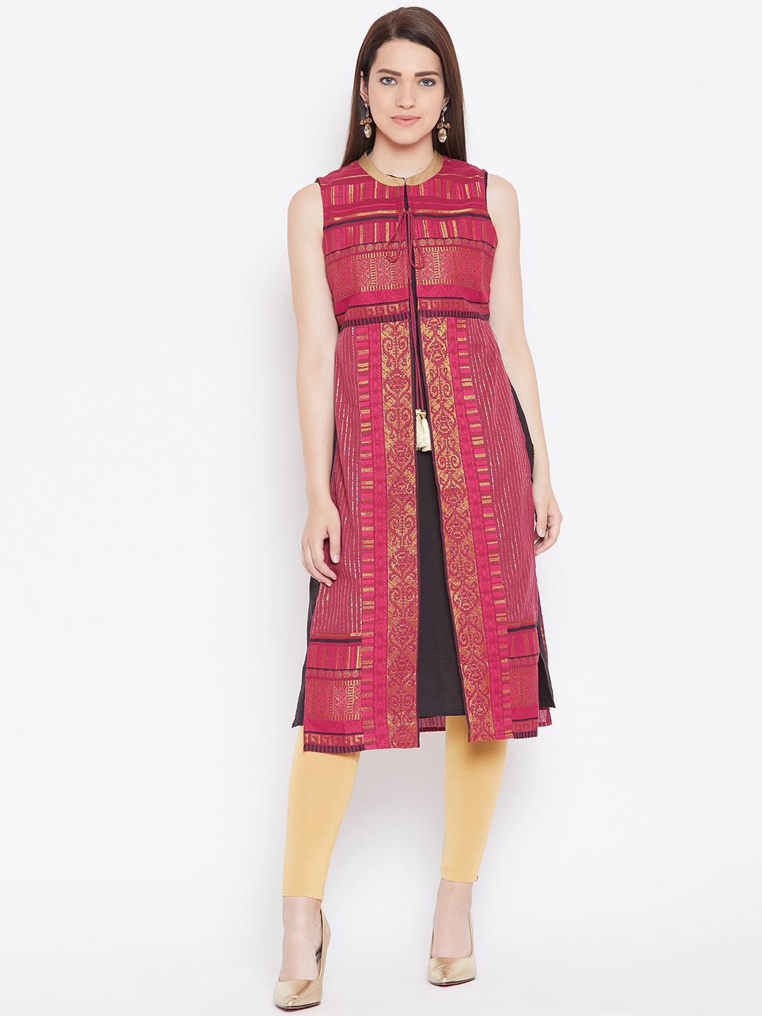 

AURELIA Women Maroon & Golden Woven-Design Ethnic Jacket