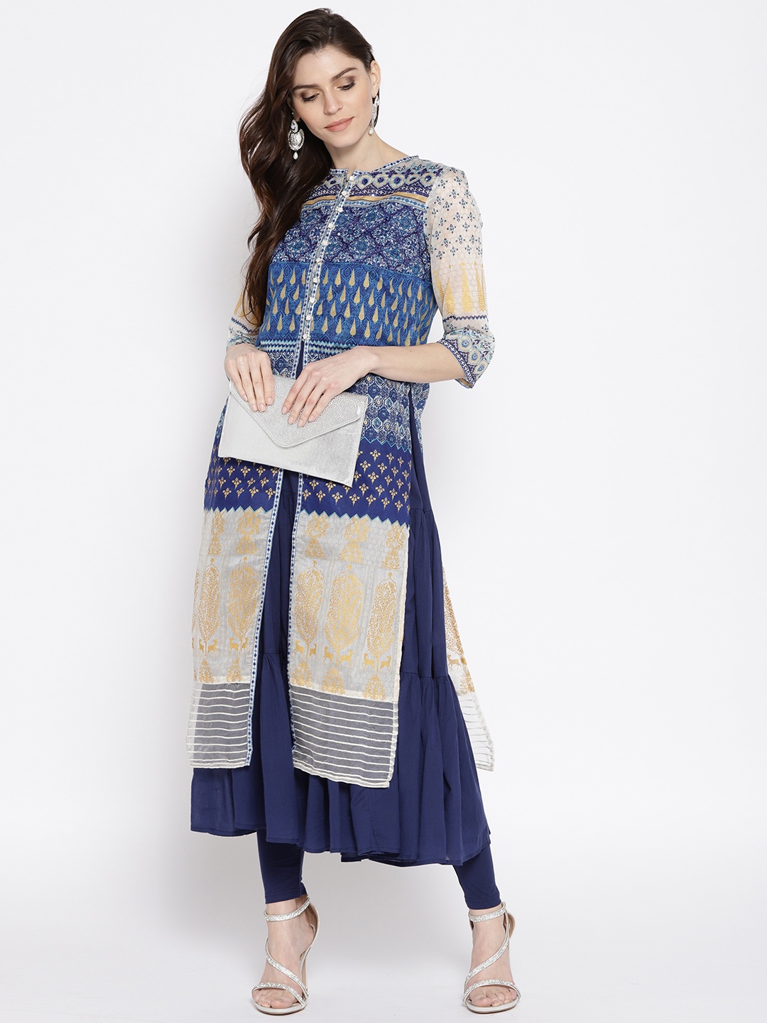 

AURELIA Women Blue Printed Layered Kurta with Churidar