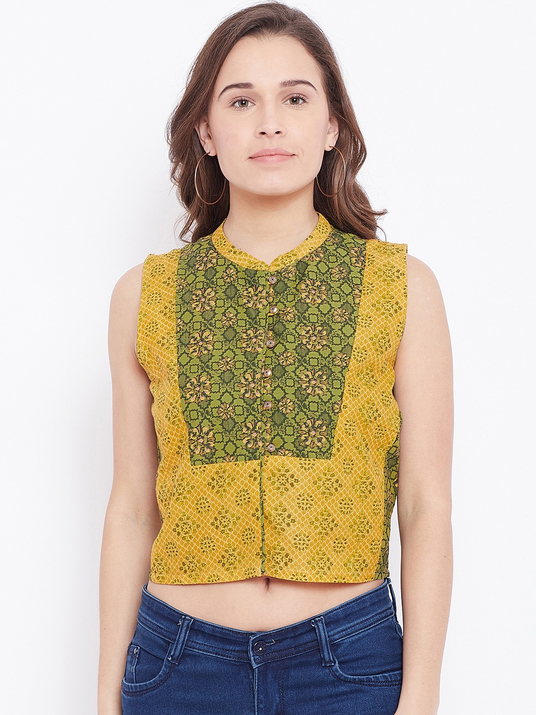 

AURELIA Women Green & Mustard Yellow Printed Crop Pure Cotton Top