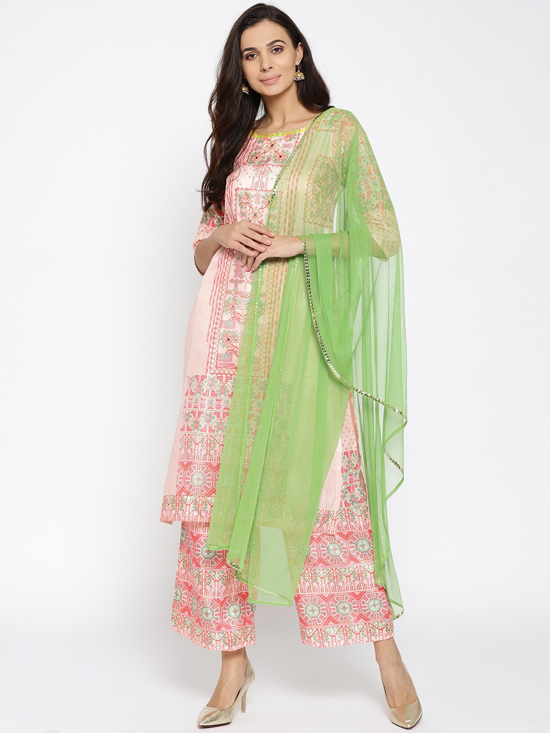 

AURELIA Women Peach-Coloured & Green Printed Kurta with Palazzos & Dupatta