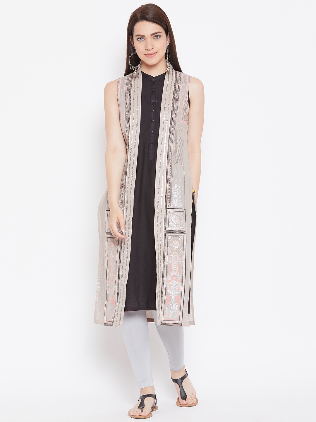 

AURELIA Women Beige Printed Open Front Jacket