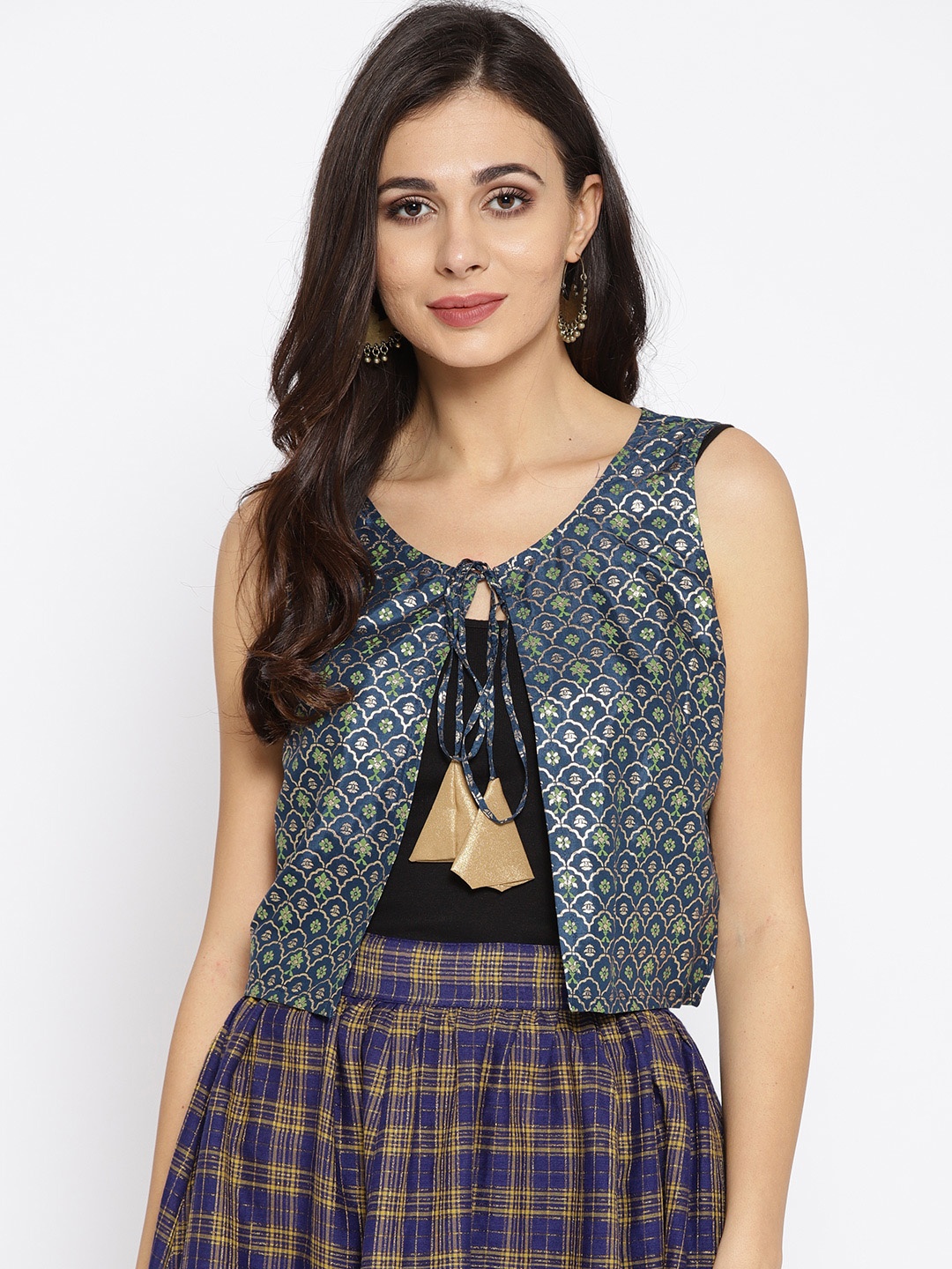 

AURELIA Women Teal Blue Printed Ethnic Jacket