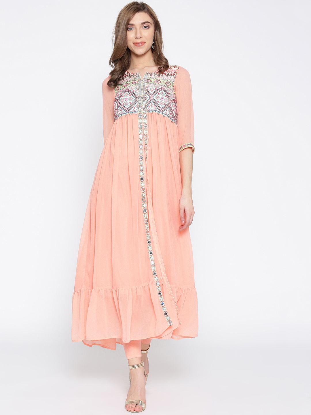 

AURELIA Women Peach-Coloured Yoke Design Layered Kurta with Churidar