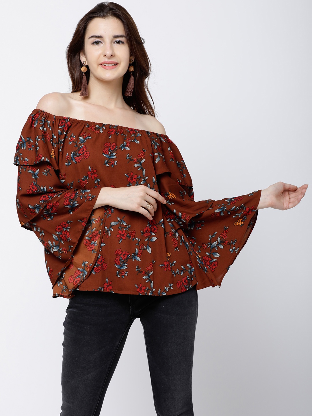 

Tokyo Talkies Women Brown Floral Print Bardot Top