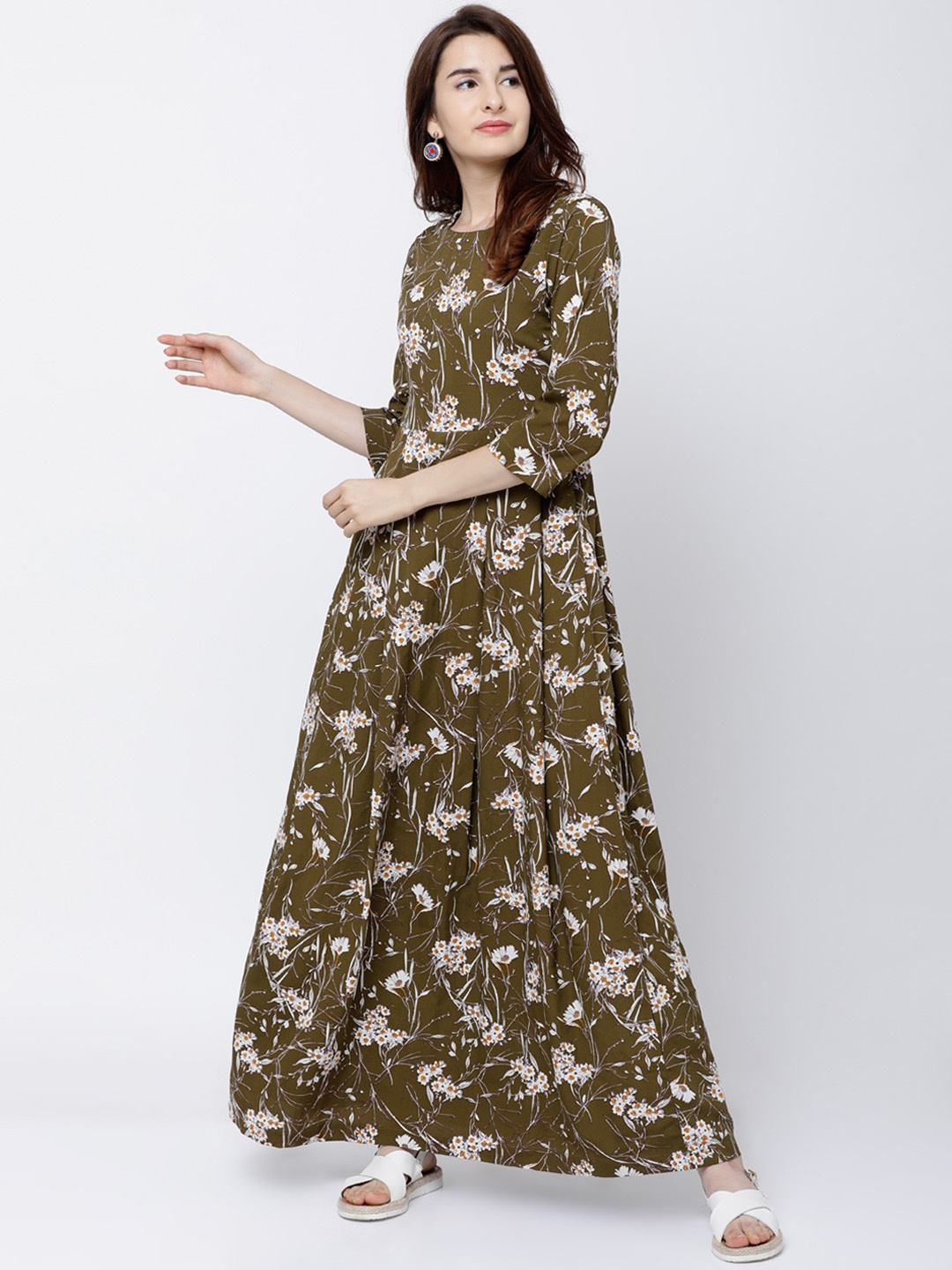 

Tokyo Talkies Women Olive Green Printed Maxi Dress