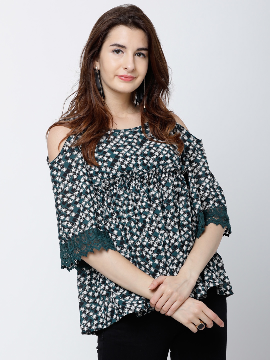 

Tokyo Talkies Women Teal Green & White Printed A-Line Top