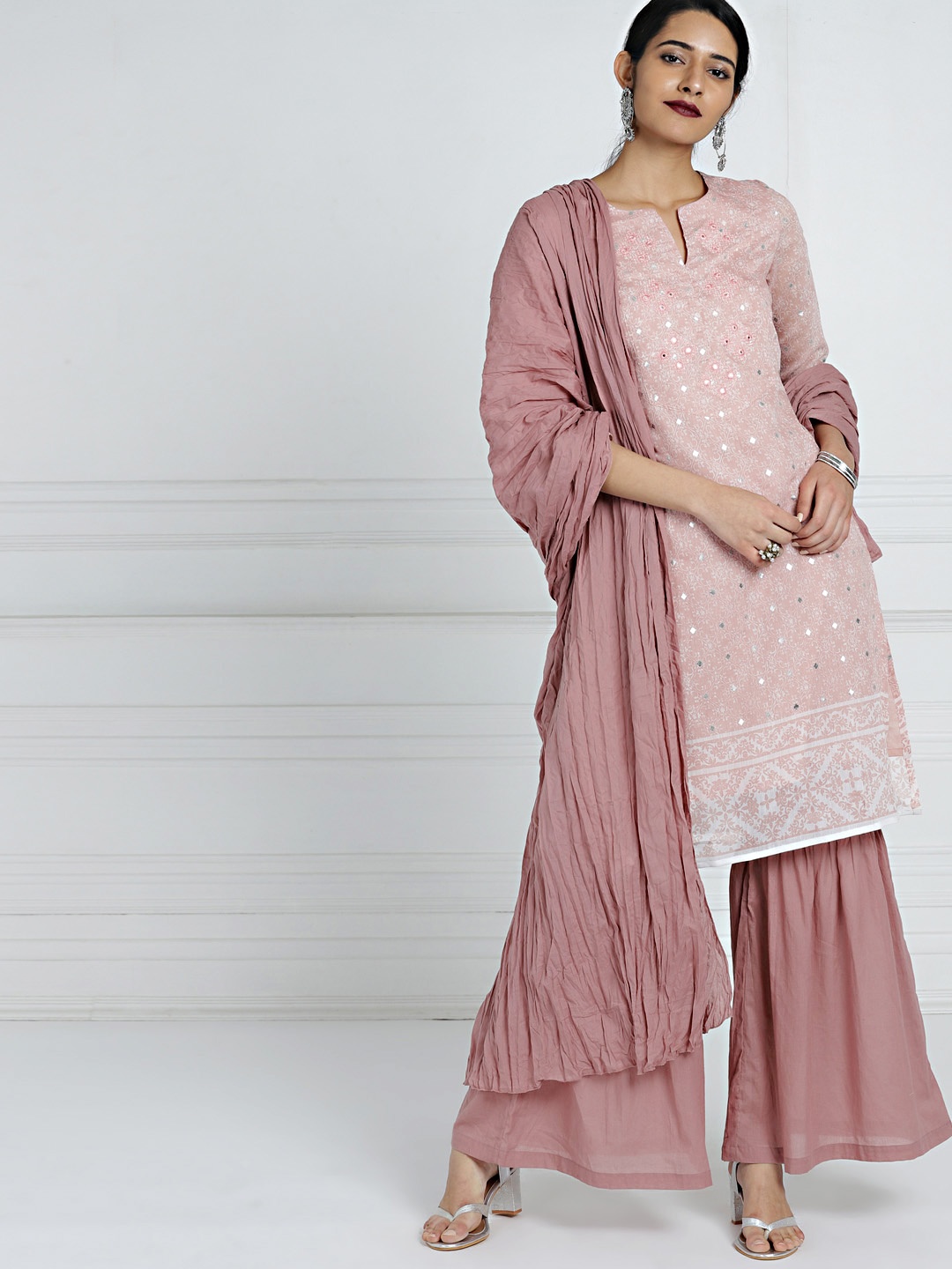 

all about you Women Peach-Coloured & Mauve Mirror Work Chanderi Kurta, Sharara & Dupatta