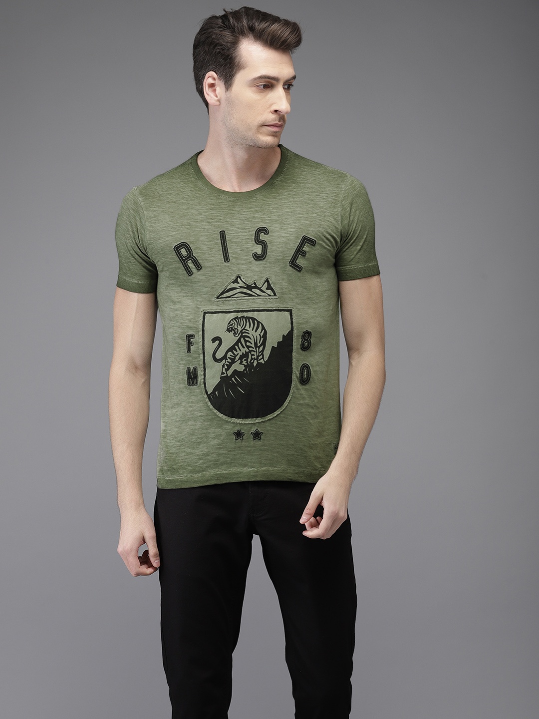 

Flying Machine Men Green Printed Round Neck T-shirt