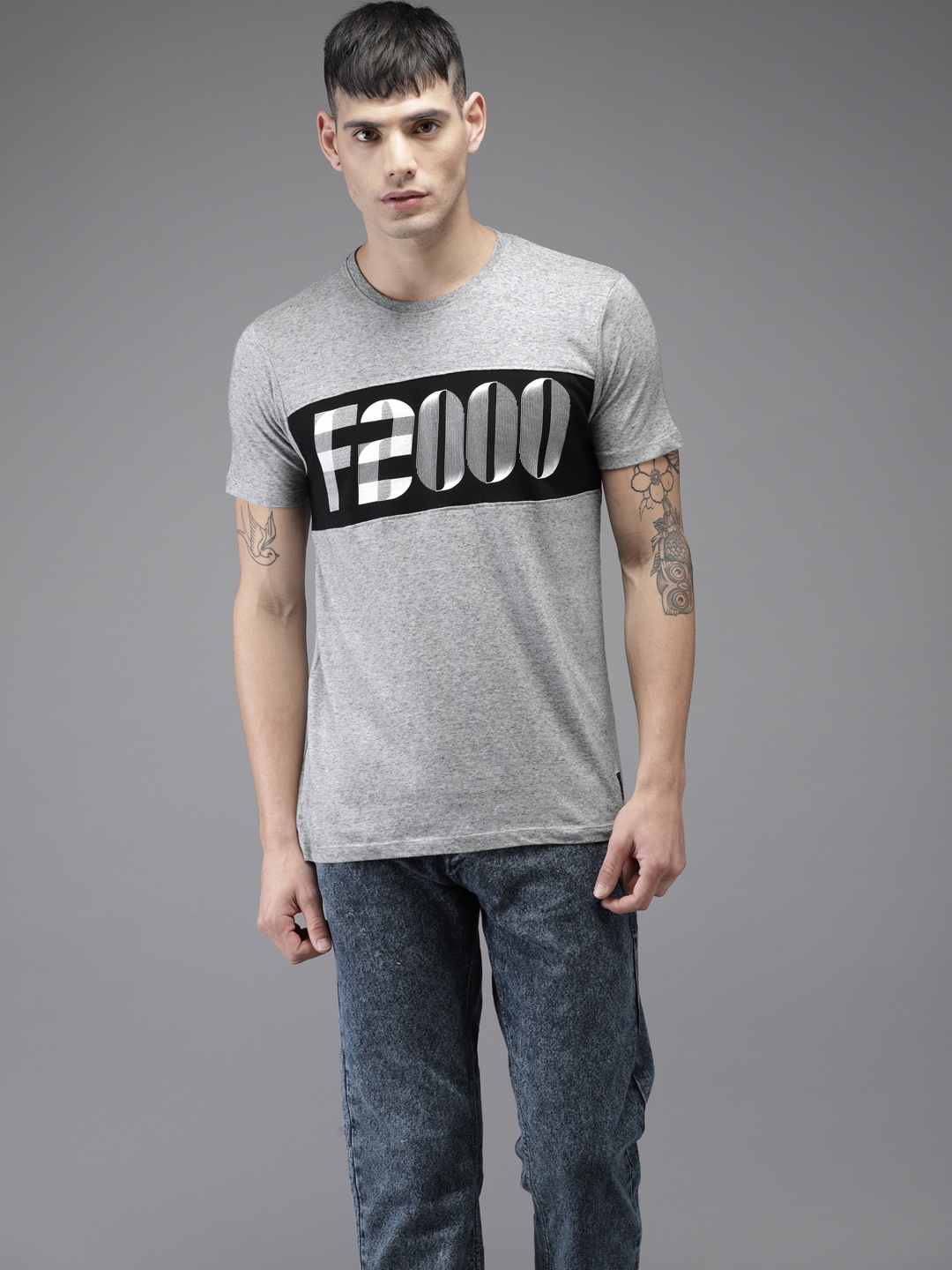 

Flying Machine Men Grey Printed Round Neck T-shirt