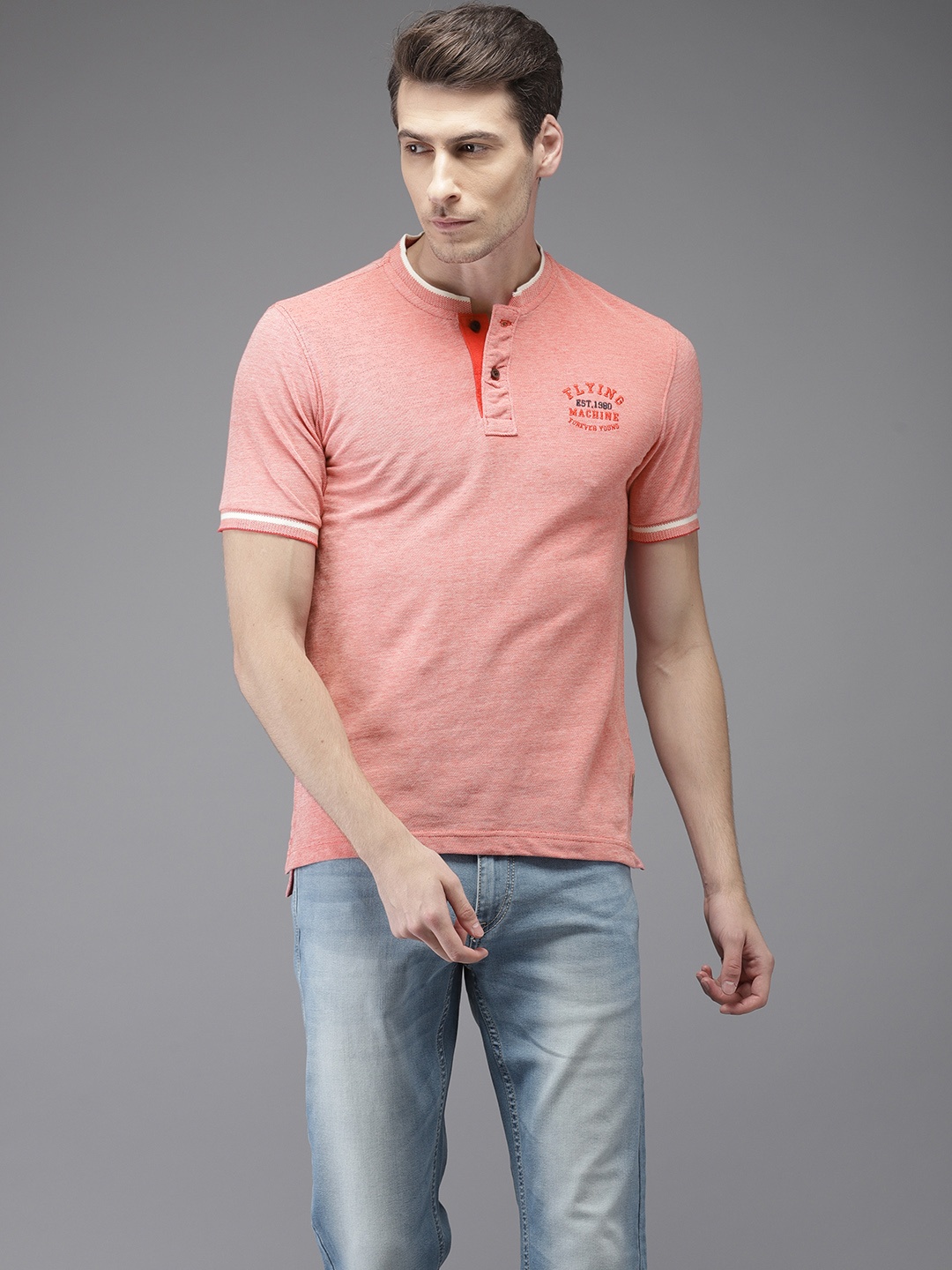 

Flying Machine Men Red Solid Mandarin Collar Pure Cotton T-shirt