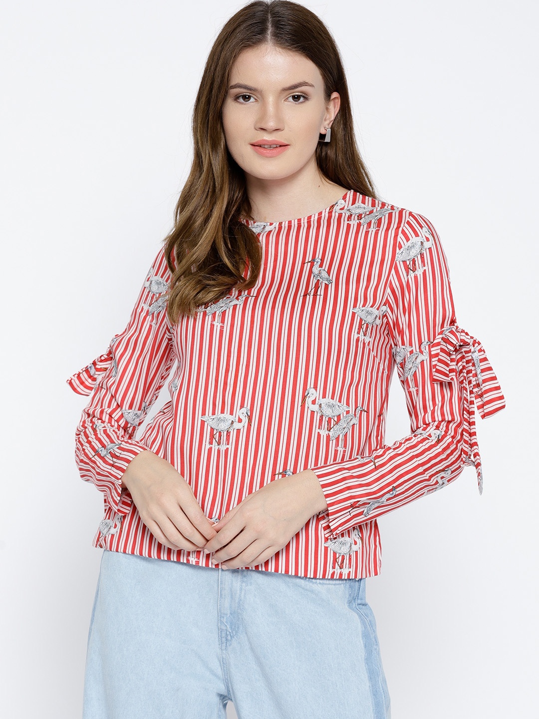 

Madame Women Red & White Striped Top with Printed Detail
