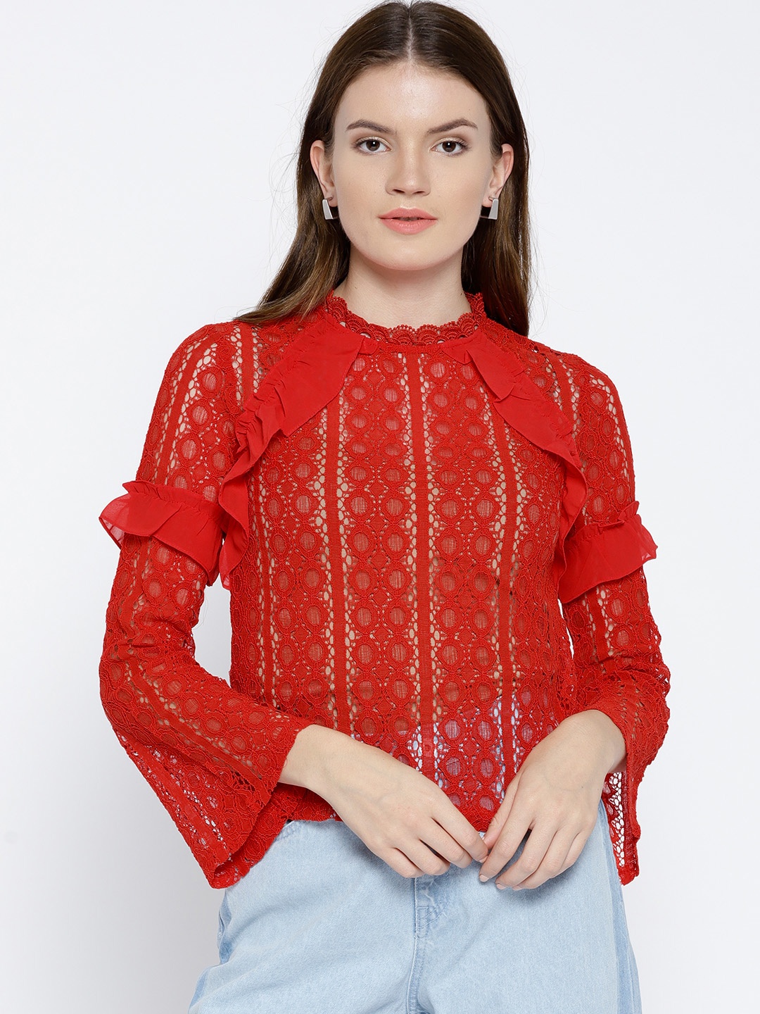 

Madame Women Red Semi Sheer Lace Top