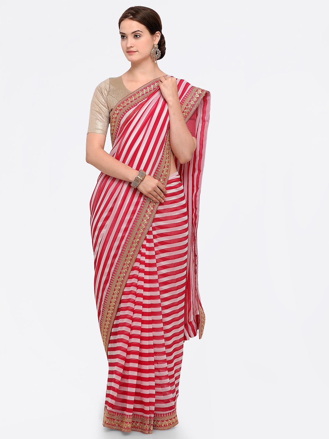 

Sugathari Pink & White Poly Georgette Printed Saree