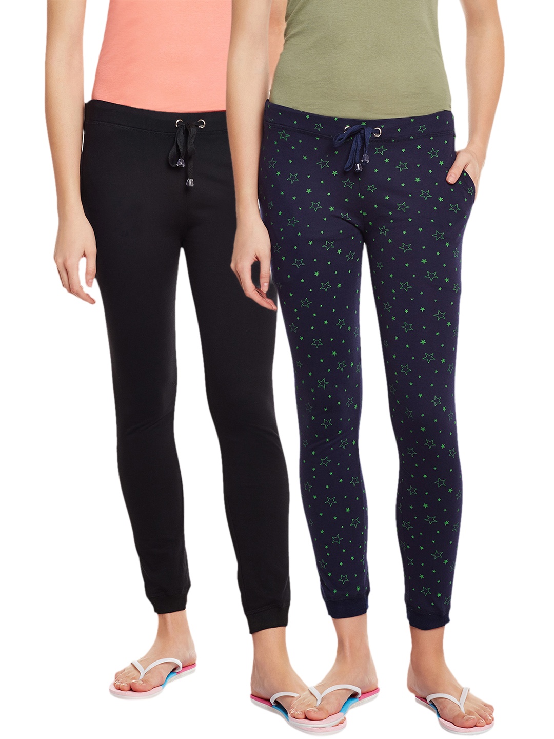 

VIMAL JONNEY Women Set of 2 Solid Lounge Pants F4-BLK_PRNTNVY, Black