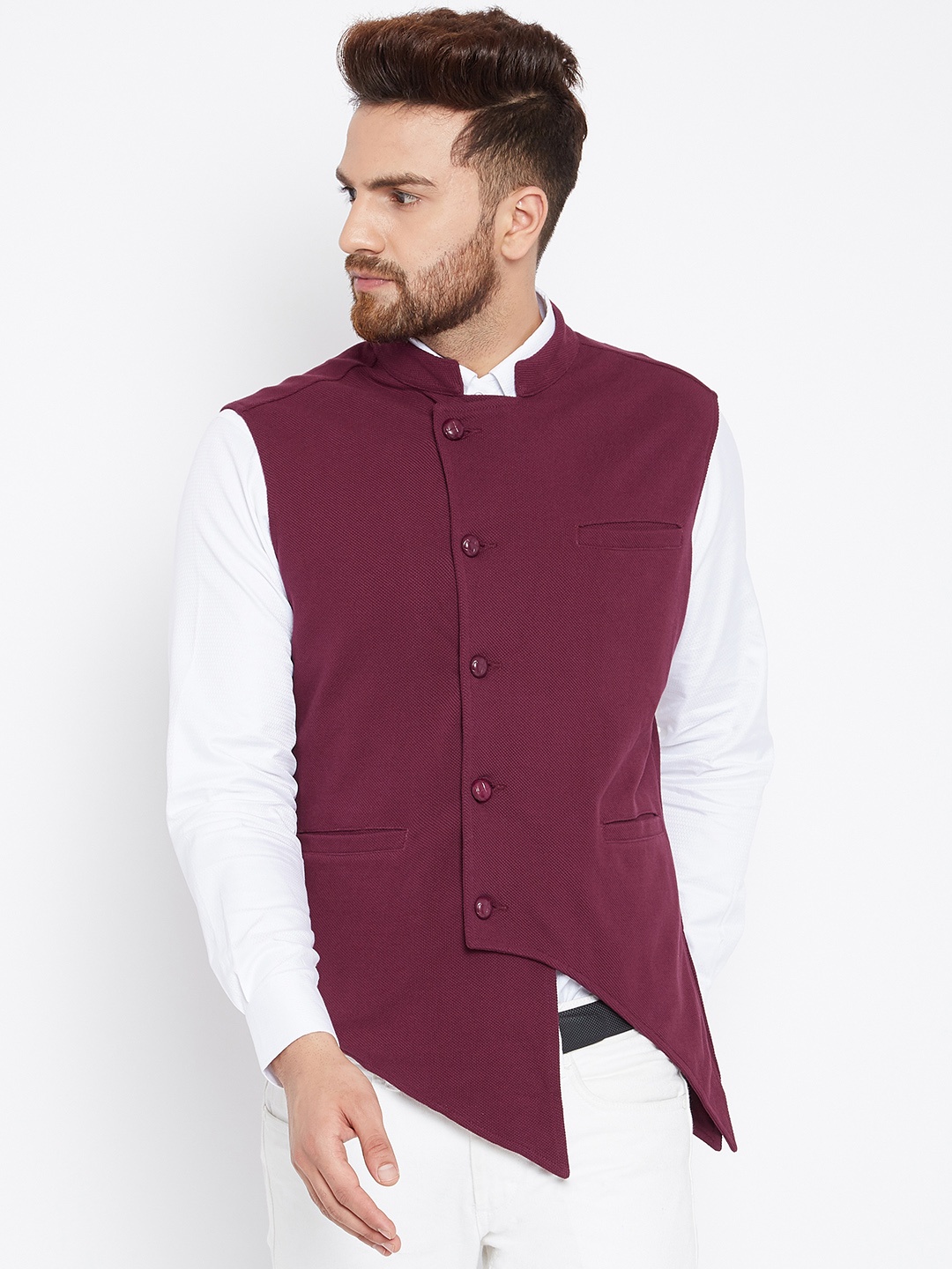 

Hypernation Men Maroon Woven Design Pure Cotton Nehru Jacket