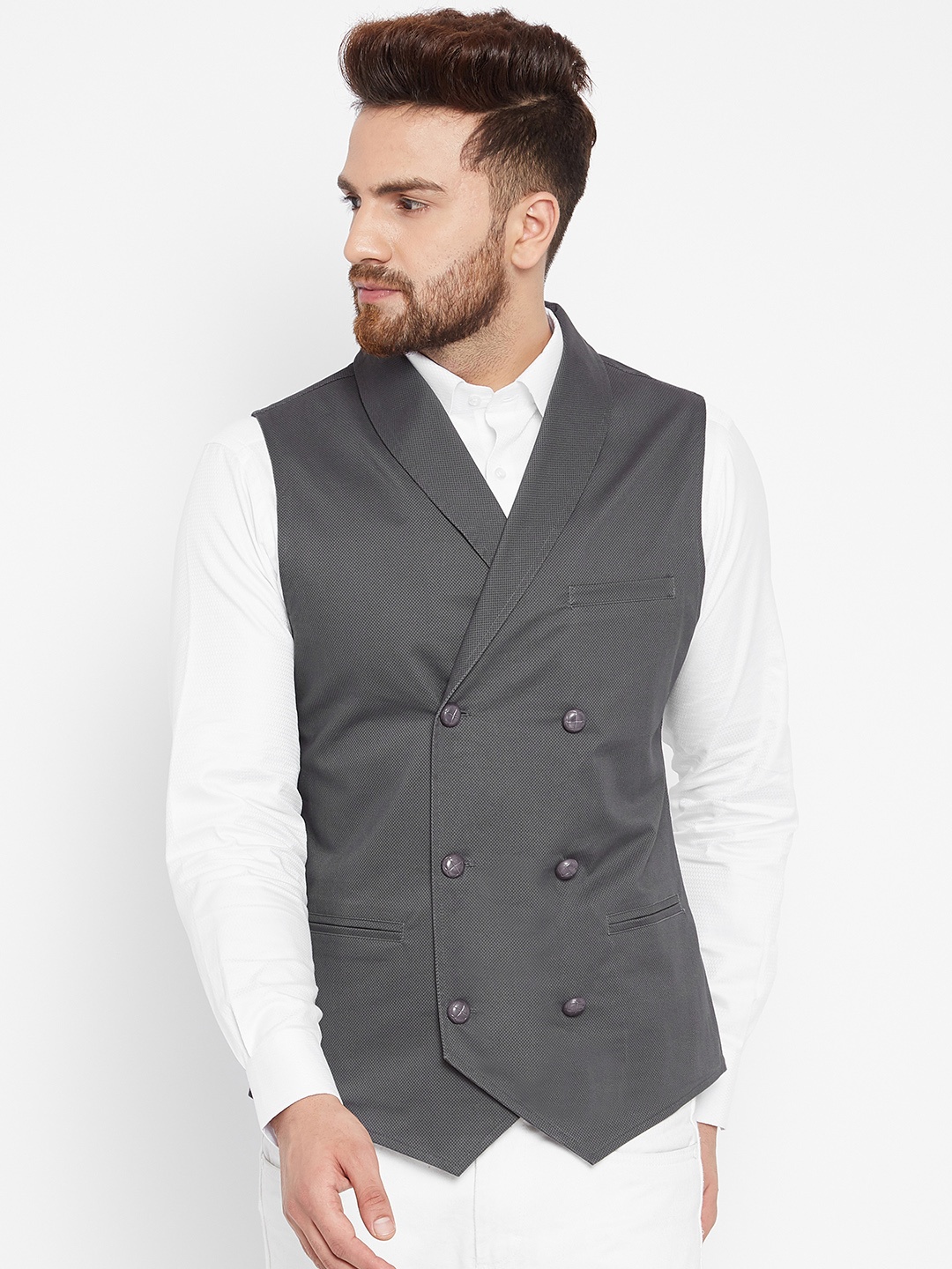 

Hypernation Men Grey Woven Design Pure Cotton Nehru Jacket