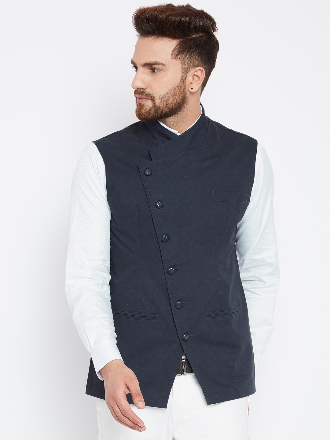 

Hypernation Men Navy Blue Printed Nehru Jacket
