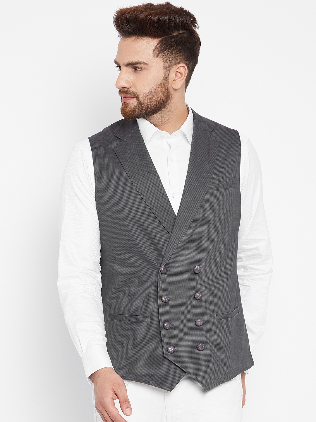 

Hypernation Men Grey Woven Design Pure Cotton Nehru Jacket