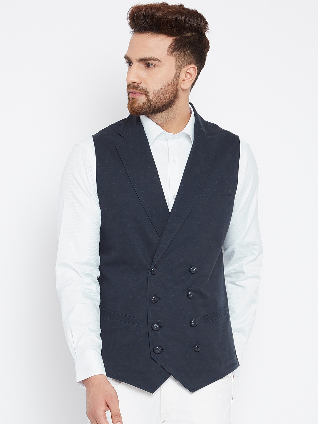 Hypernation Men Navy Blue Printed Waistcoat