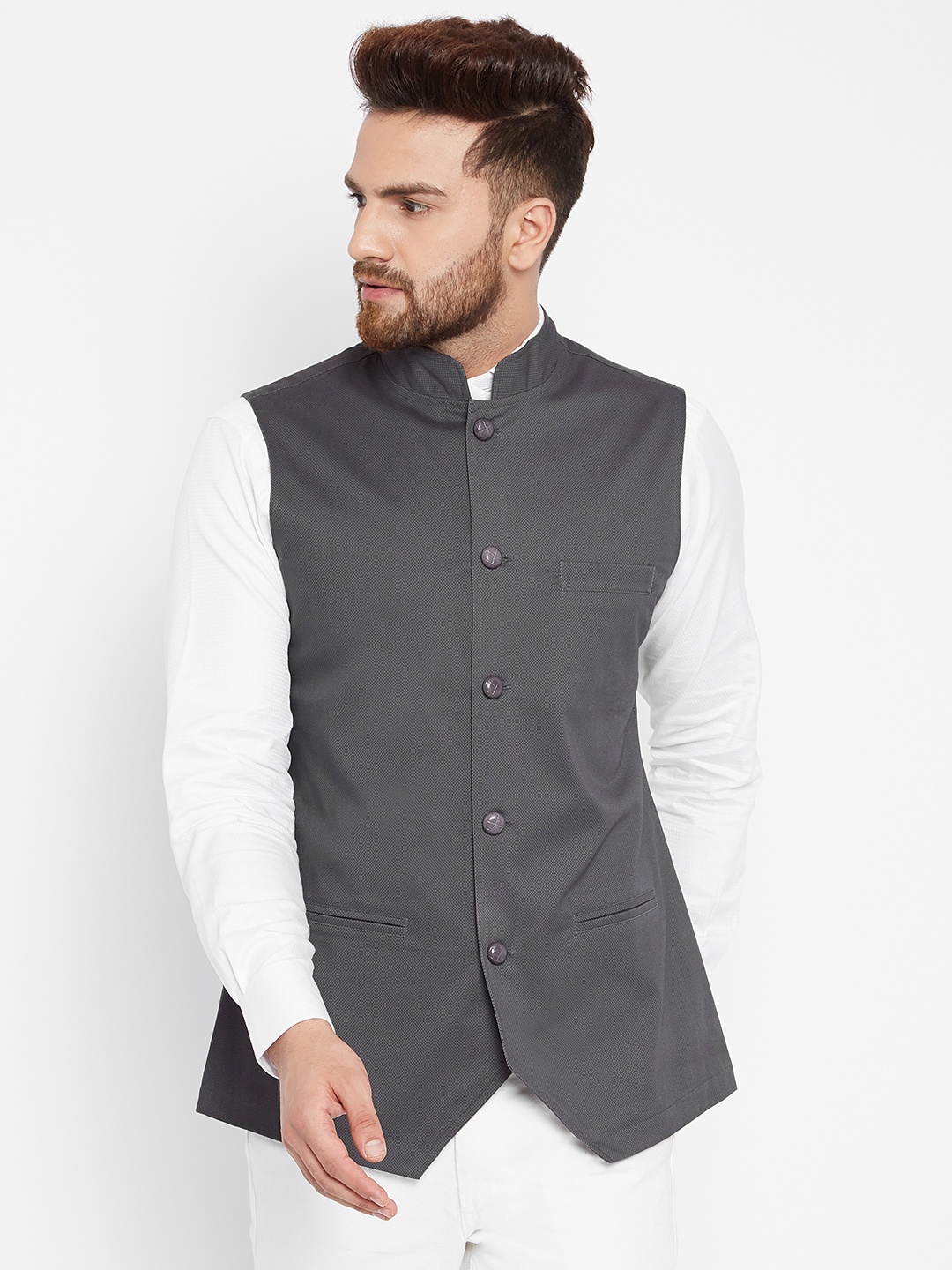 

Hypernation Men Grey Solid Pure Cotton Waistcoat