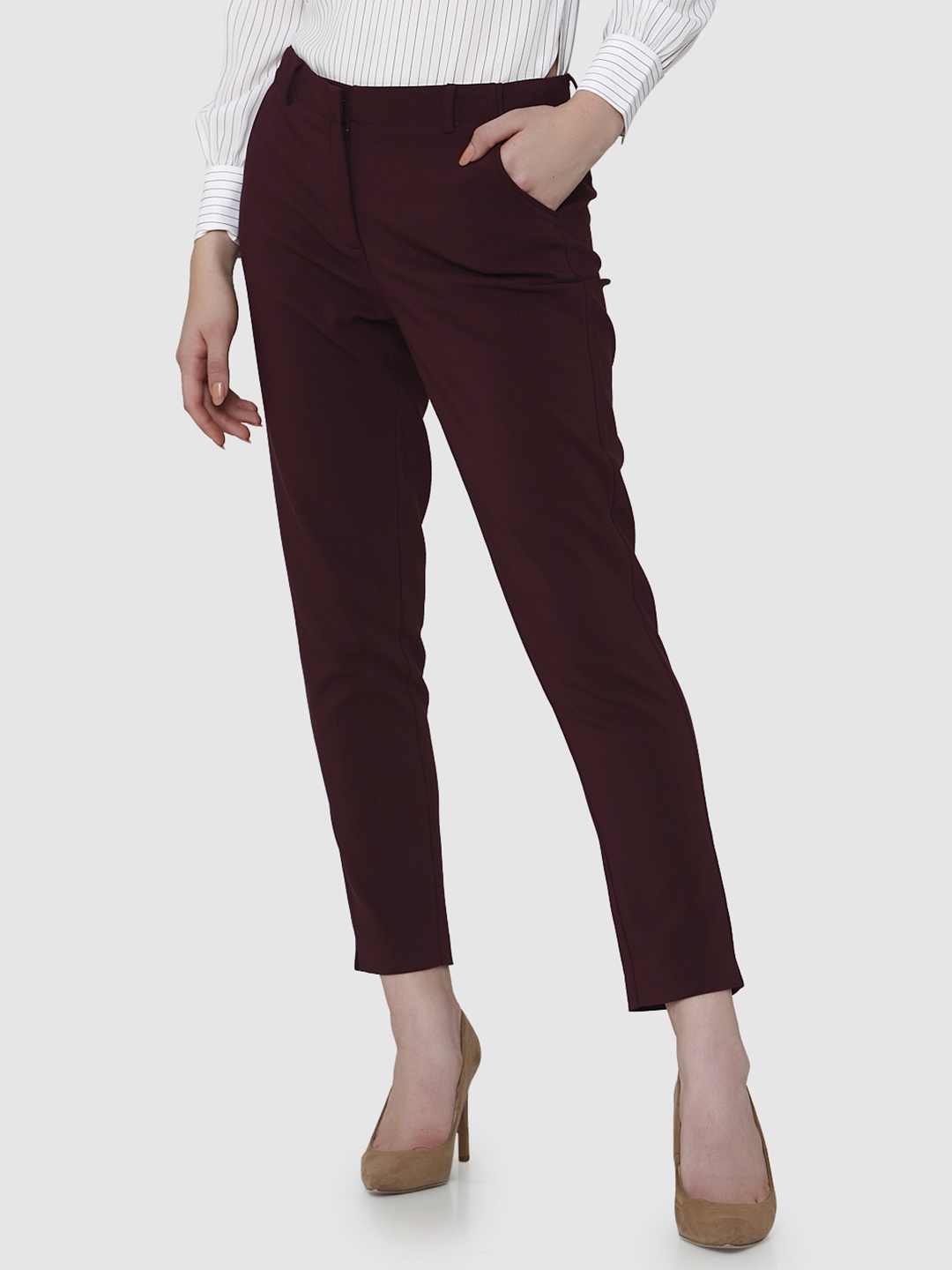 

Vero Moda Women Burgundy Regular Fit Solid Regular Trousers