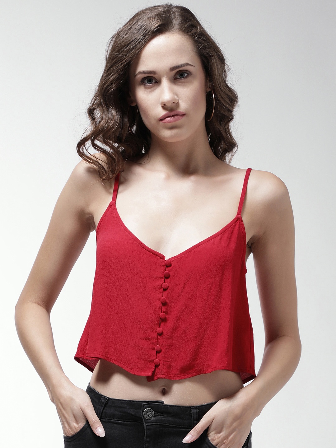 

FOREVER 21 Women Red Solid Cropped A-Line Top