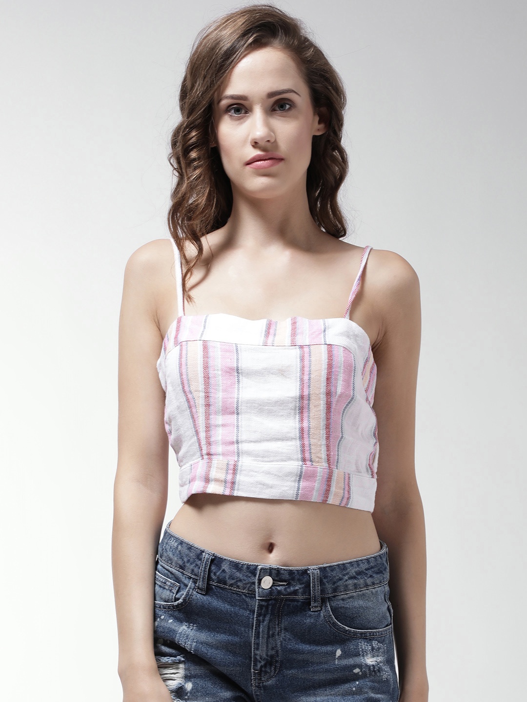 

FOREVER 21 Women White & Pink Striped Crop Top