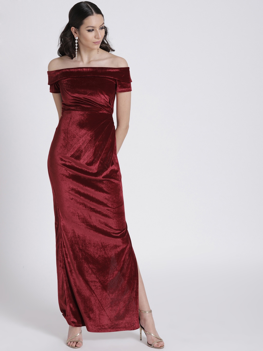 

FabAlley Women Maroon Velvet Off-Shoulder Maxi Dress