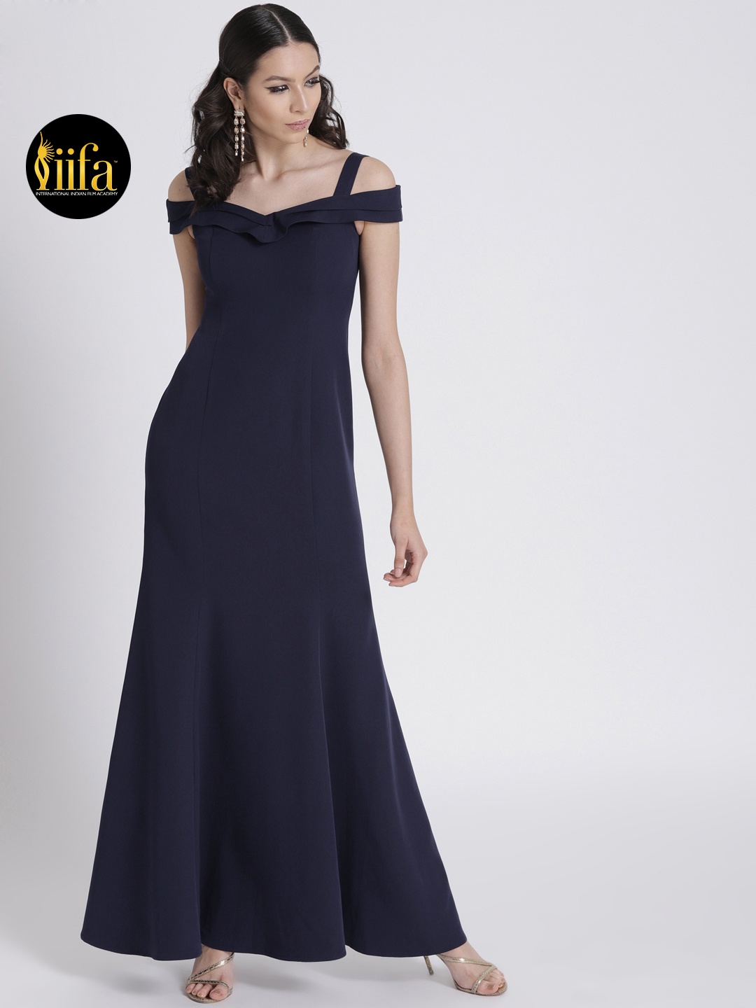 

FabAlley Women Navy Blue Solid Strappy Off-Shoulder Maxi Dress
