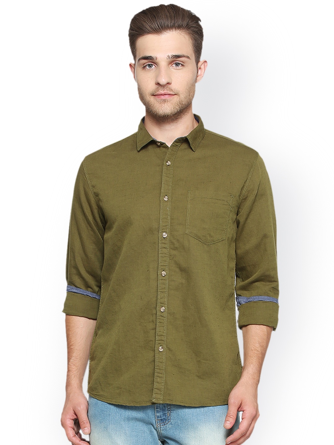 

People Men Olive Green Regular Fit Solid Casual Shirt