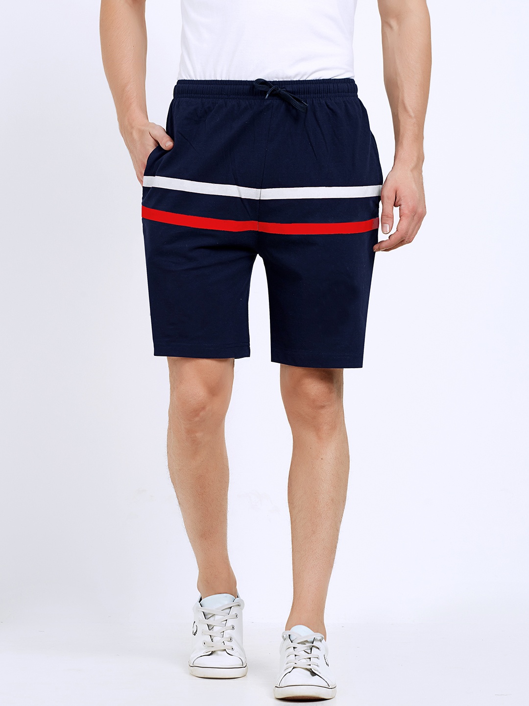 

Maniac Men Navy Blue Striped Slim Fit Regular Shorts