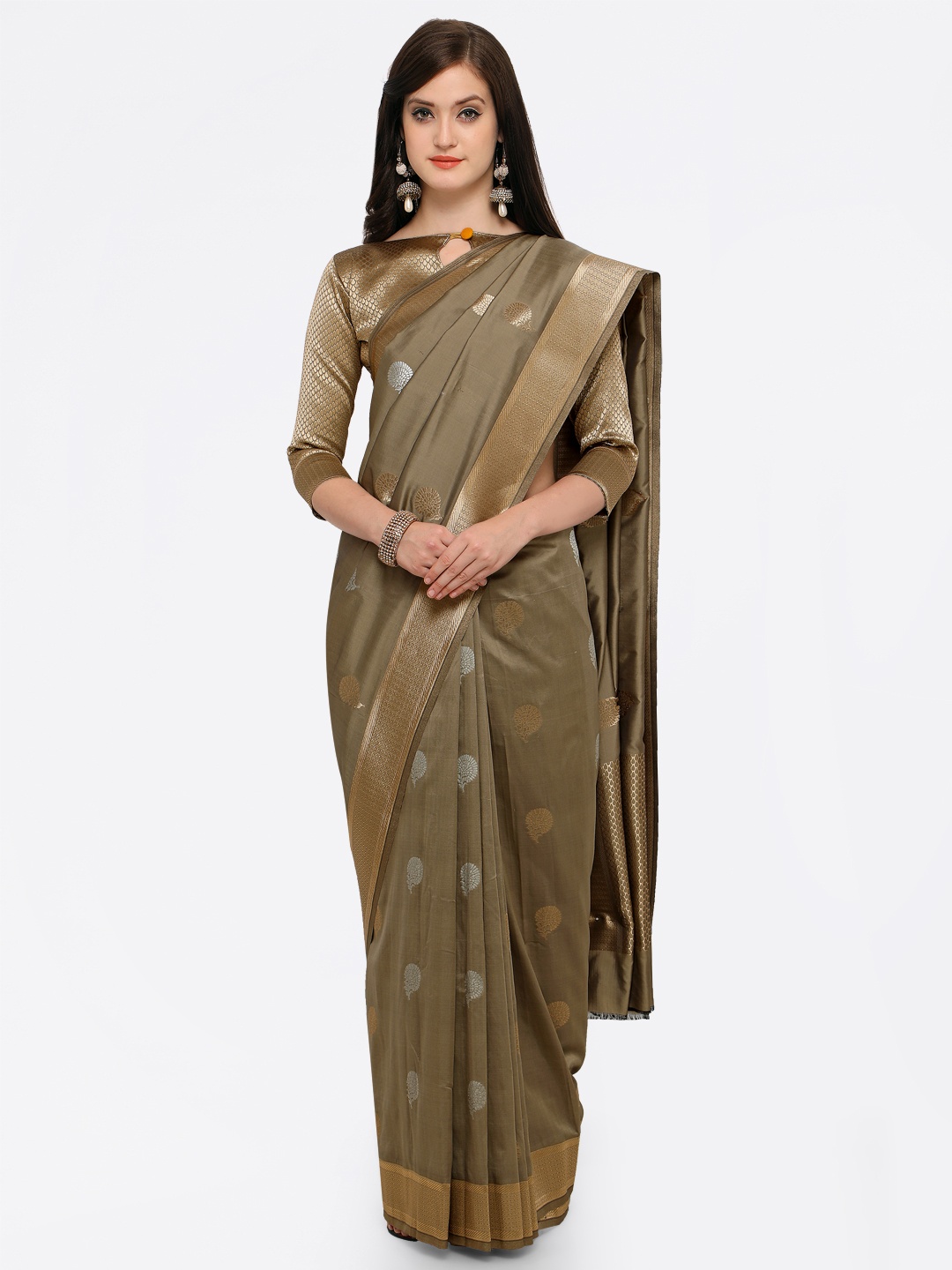 

Shaily Olive Green & Gold-Toned Pure Silk Woven Design Banarasi Saree