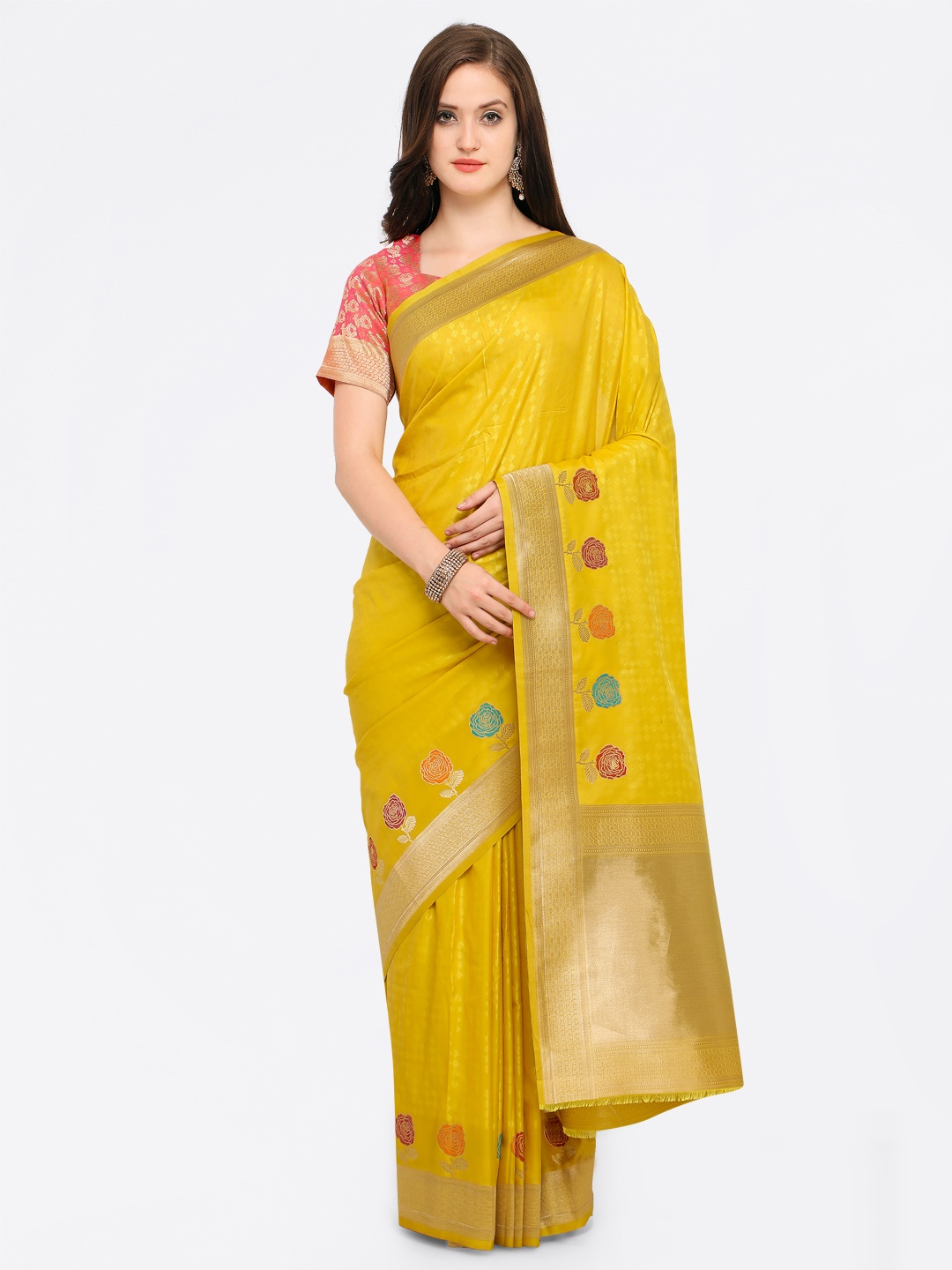 

Shaily Yellow Pure Silk Printed Banarasi Saree