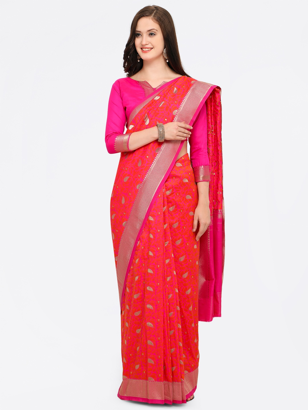 

Shaily Coral & Pink Pure Silk Woven Design Banarasi Saree