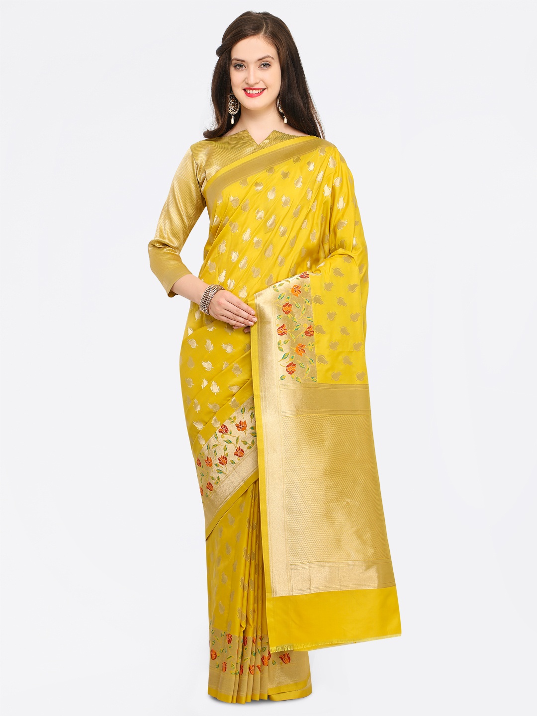 

Shaily Yellow Pure Silk Printed Banarasi Saree