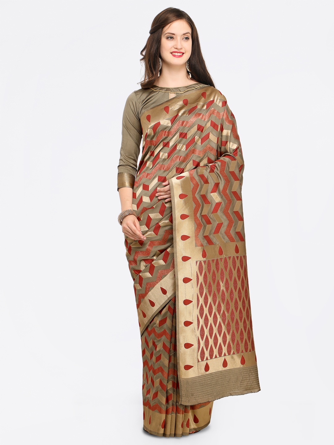 

Shaily Beige & Red Pure Silk Woven Design Banarasi Saree