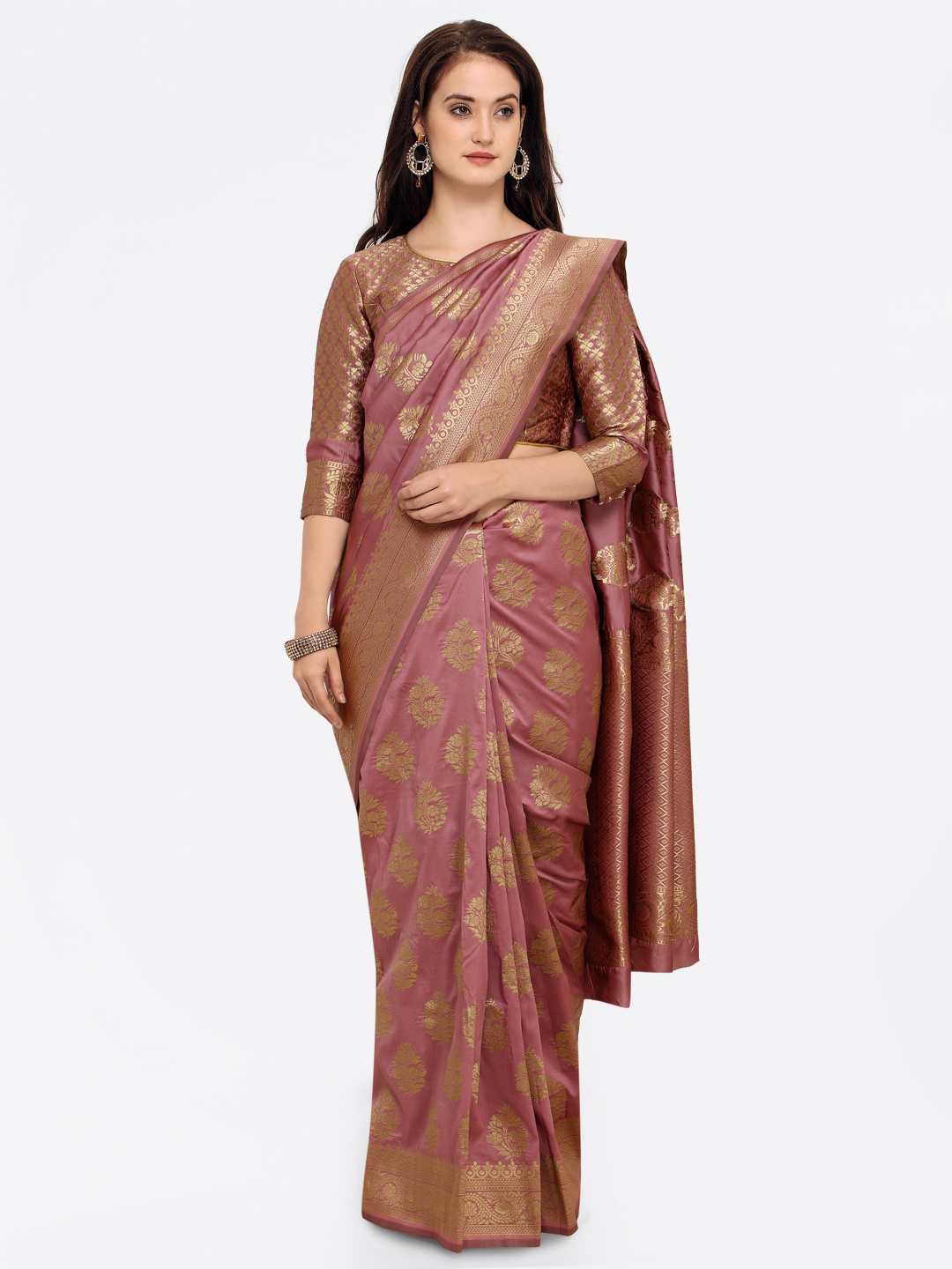 

Shaily Mauve & Gold-Toned Pure Silk Woven Design Banarasi Saree