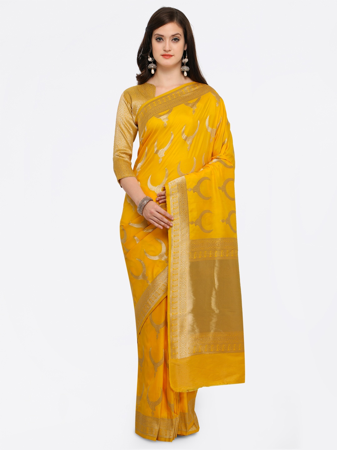 

Shaily Yellow & Gold-Toned Woven Design Banarasi Saree