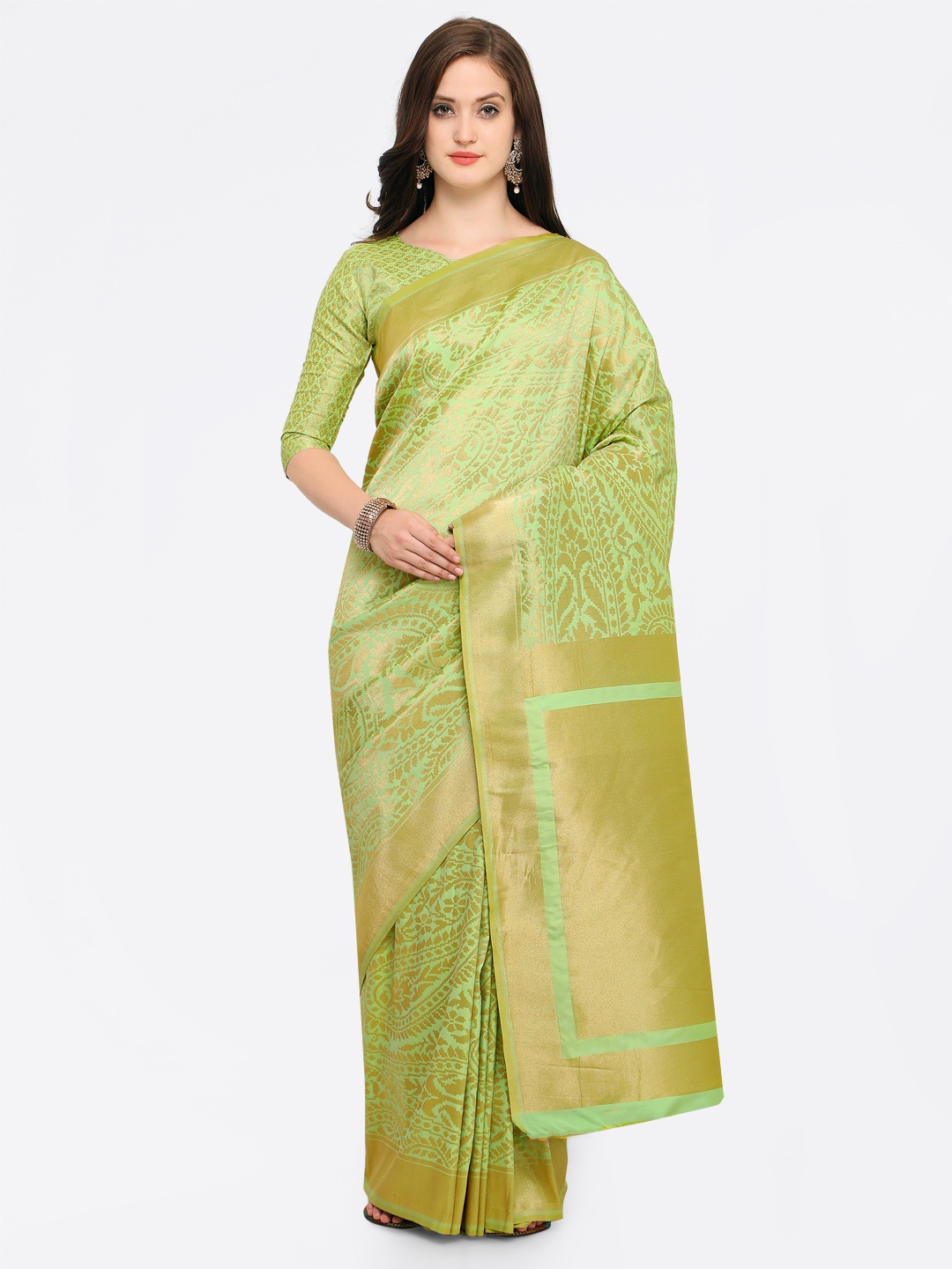

Shaily Green & Gold-Toned Pure Silk Woven Design Banarasi Saree