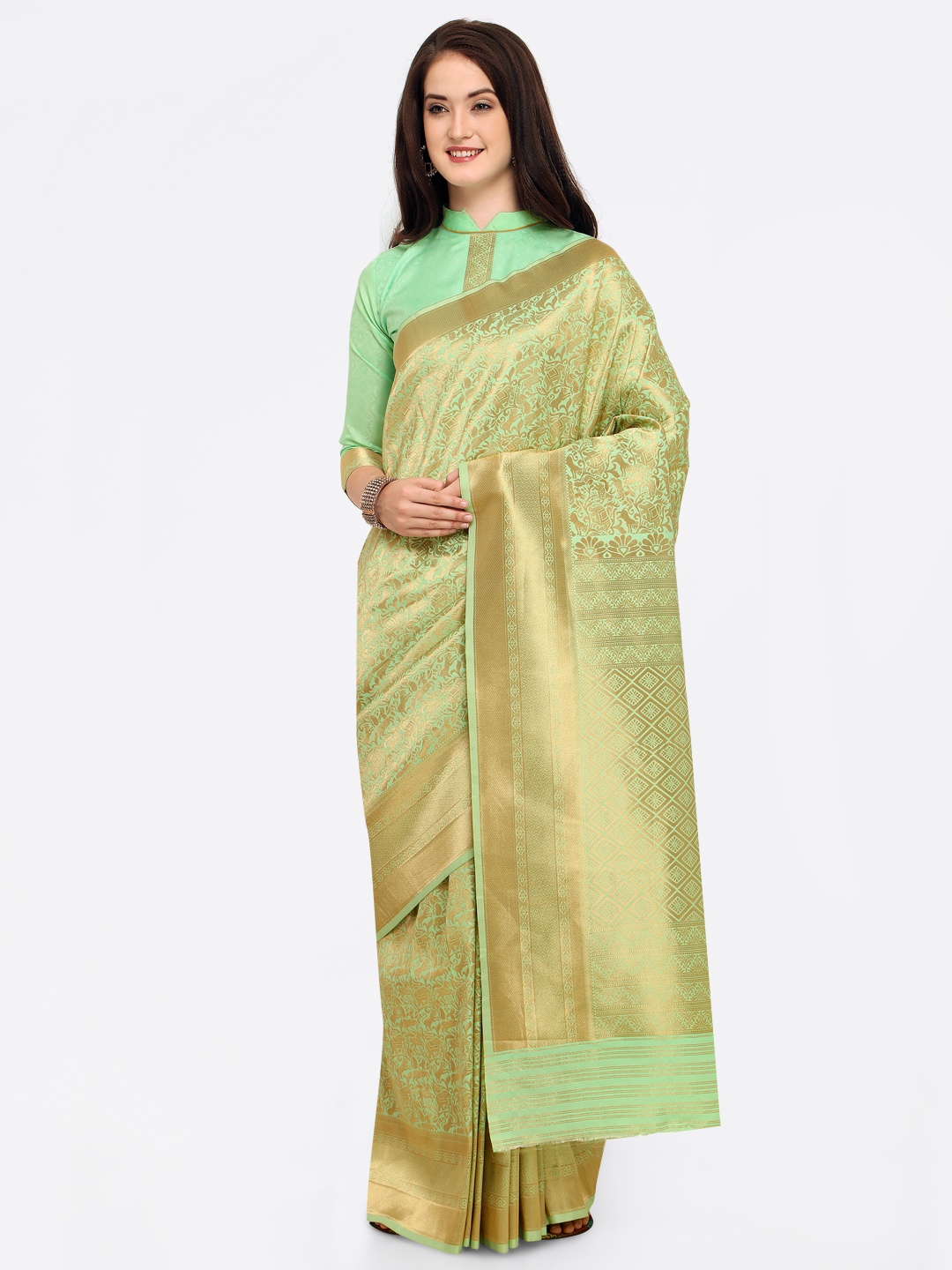 

Shaily Gold-Toned & Green Pure Silk Woven Design Banarasi Saree