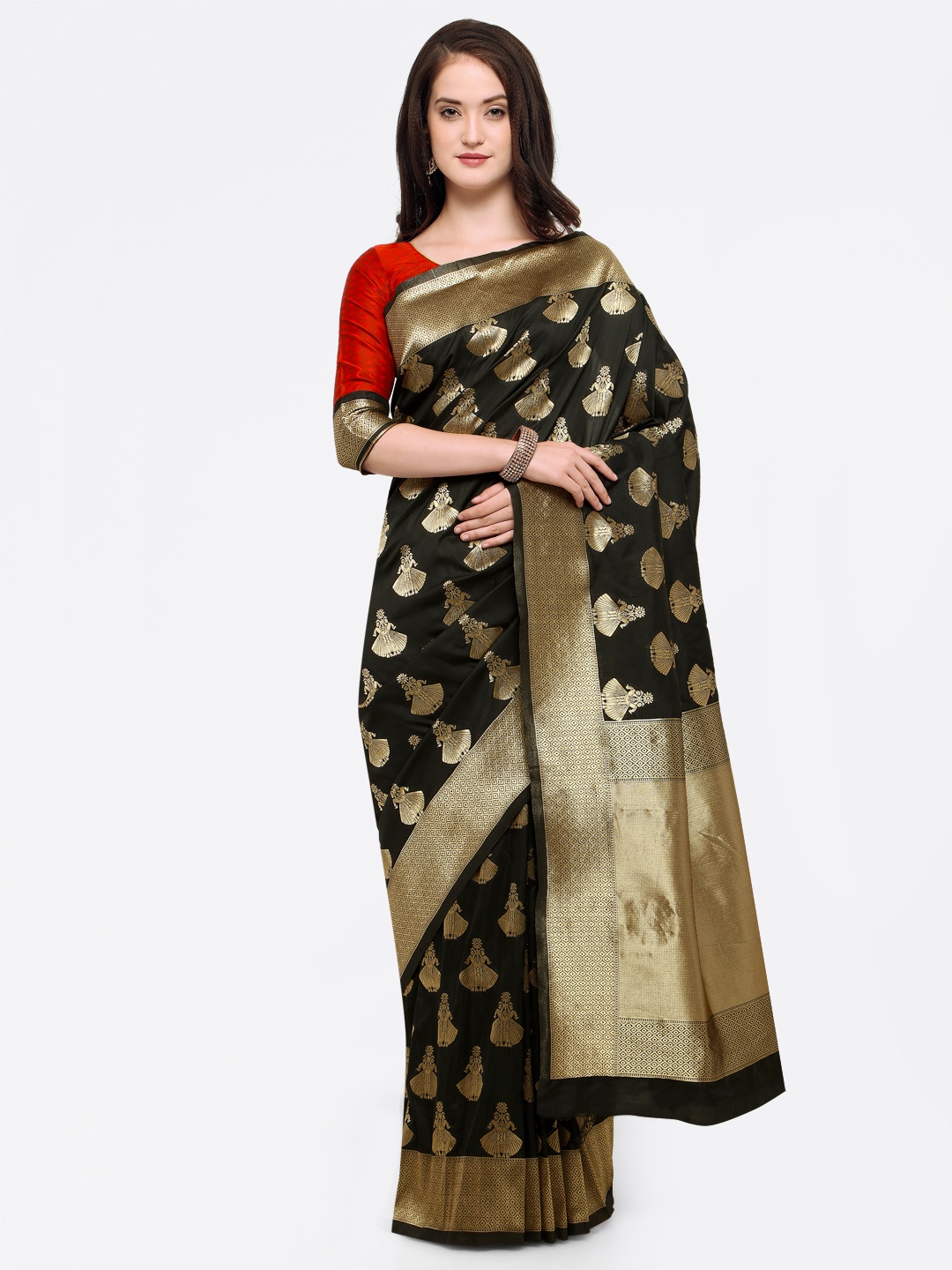 

Shaily Black & Gold-Toned Woven Design Banarasi Saree