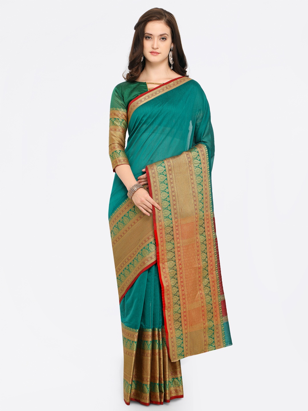 

Shaily Teal & Gold-Toned Pure Silk Woven Design Banarasi Saree