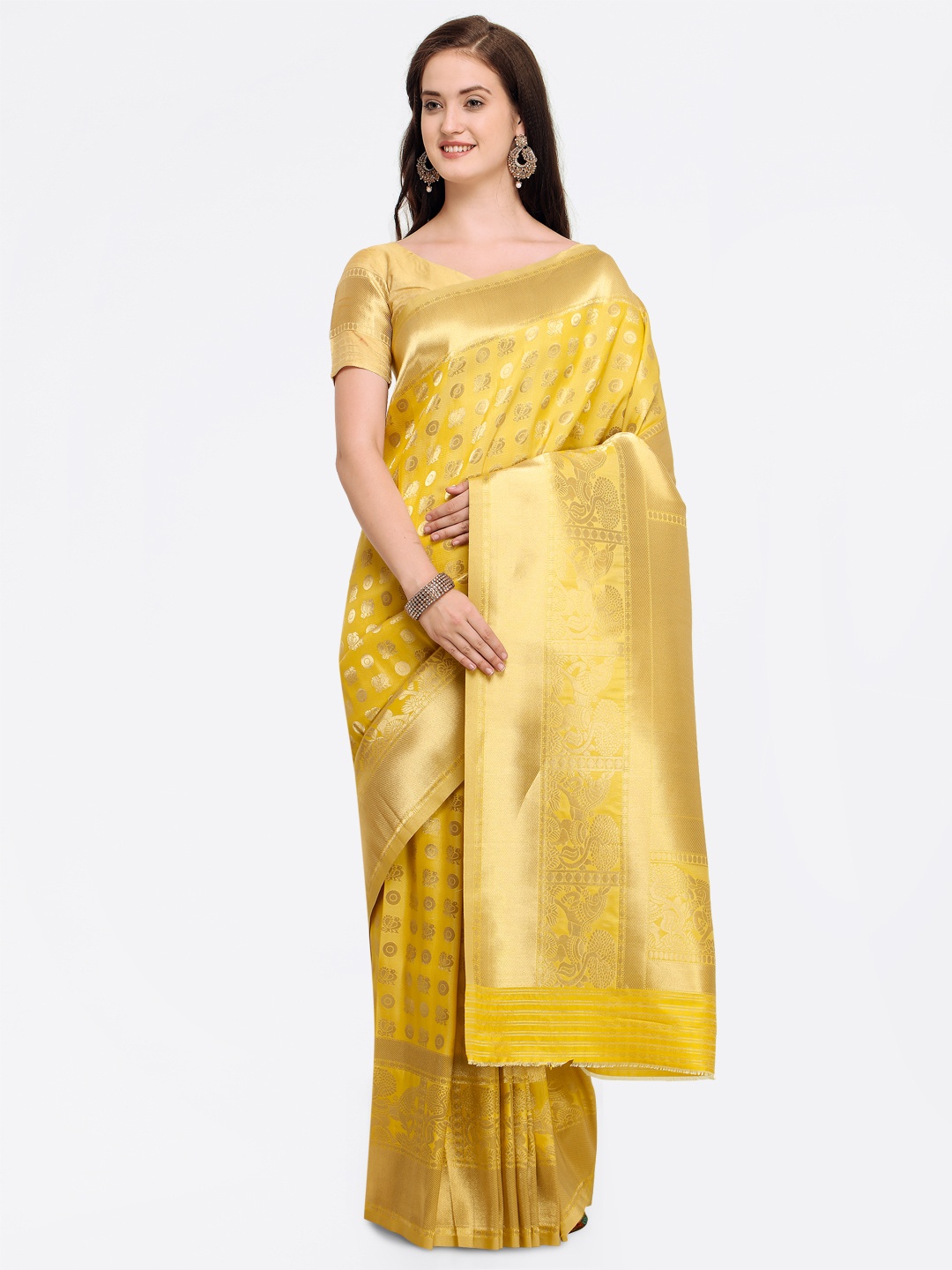 

Shaily Yellow & Gold-Toned Printed Banarasi Saree