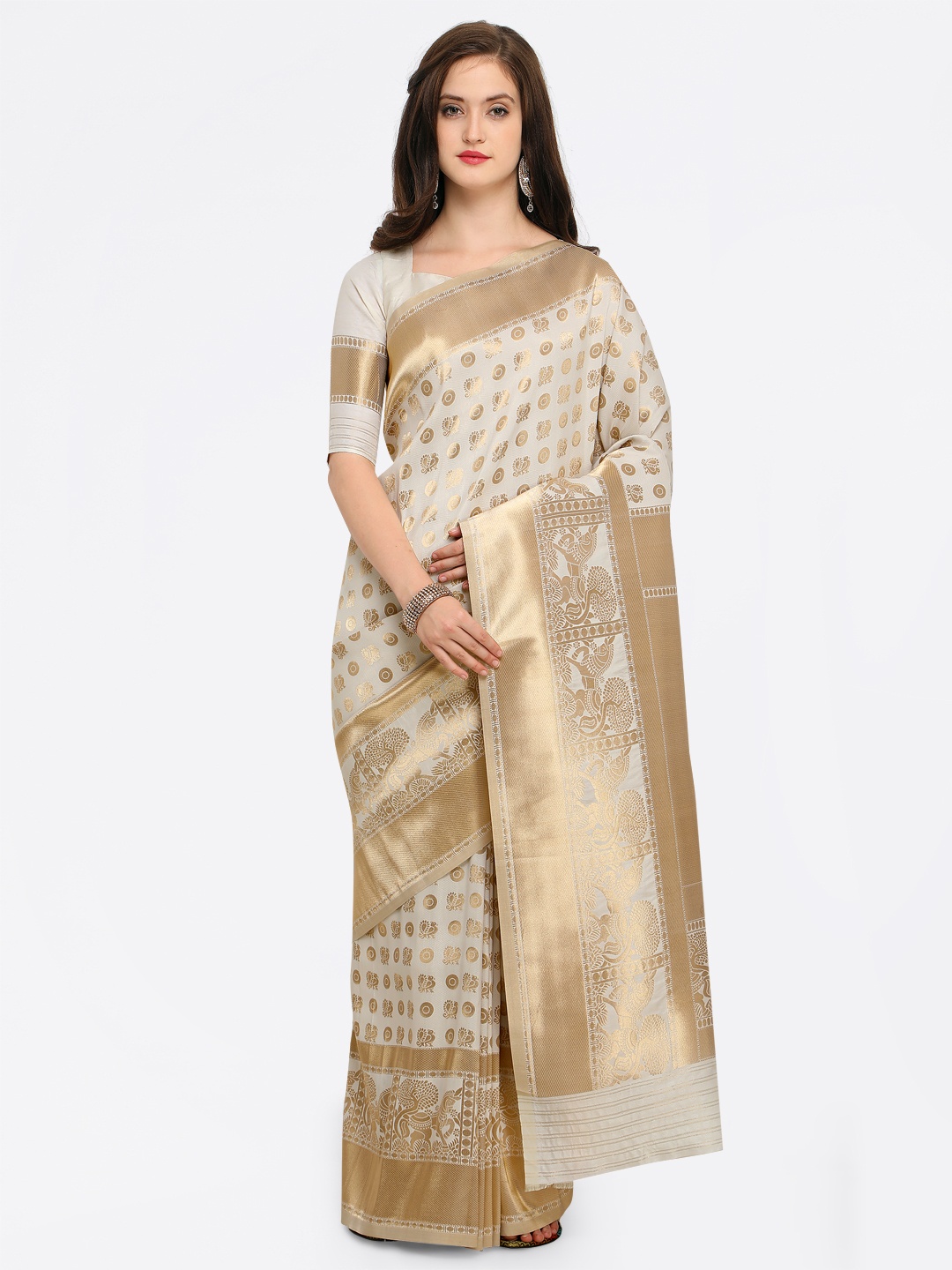 

Shaily White & Gold-Toned Pure Silk Woven Design Banarasi Saree