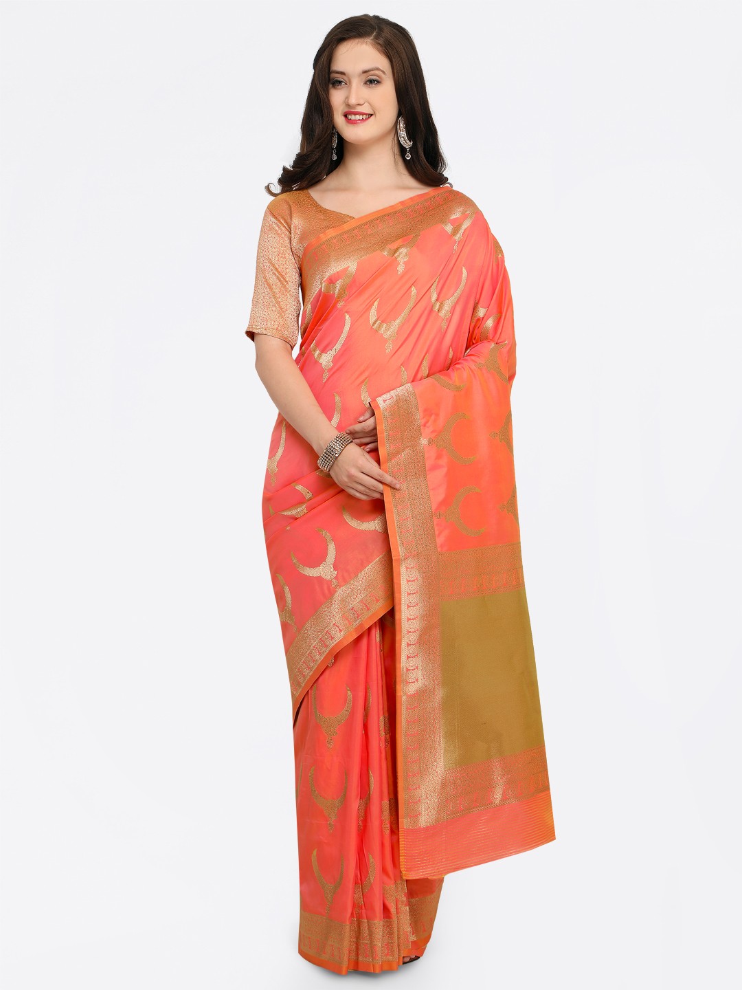 

Shaily Peach-Coloured & Gold-Toned Pure Silk Woven Design Banarasi Saree